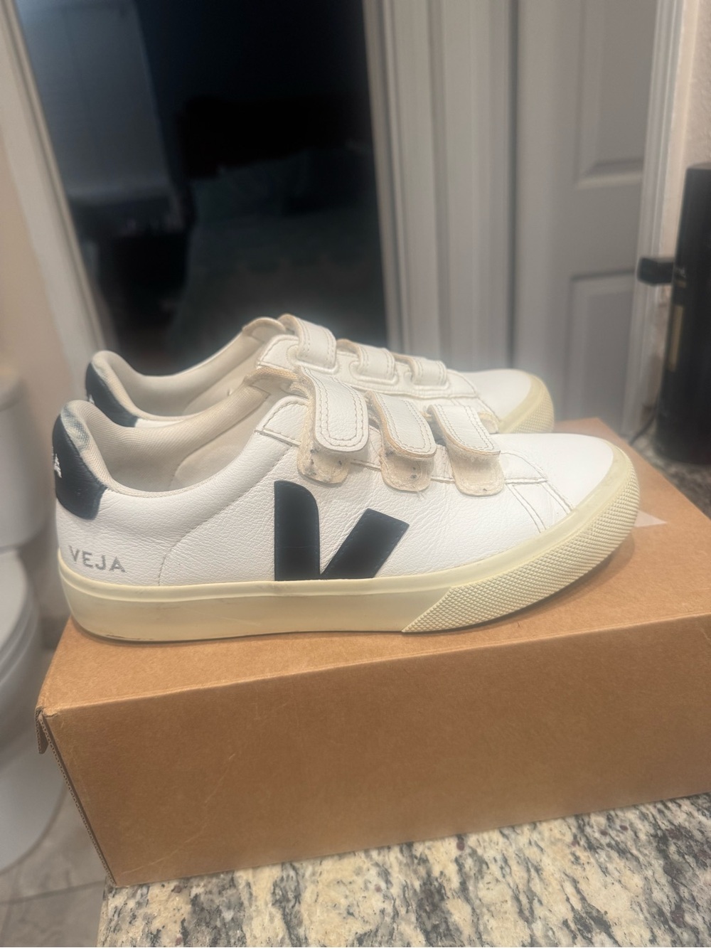 Veja White Leather Sneakers with Black V Logo and Cream Sole
